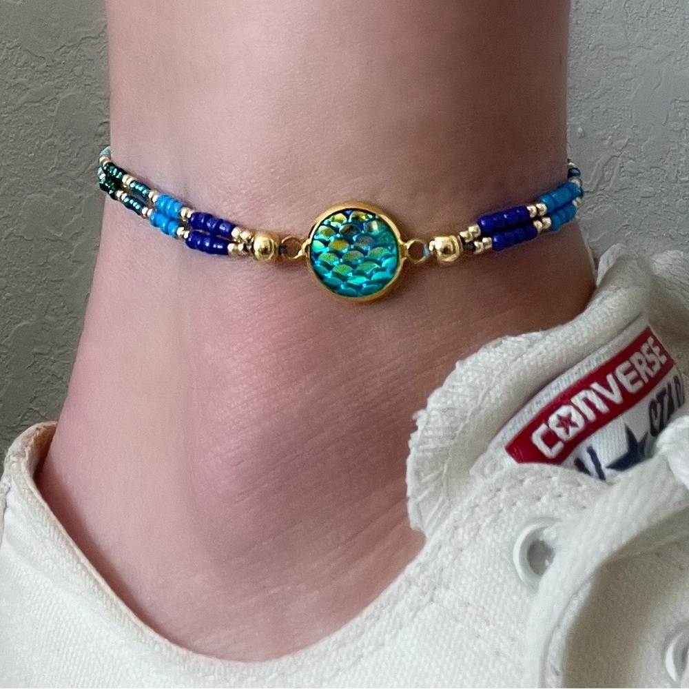 Mermaid Tail Bracelet: Seed Bead Macrame Anklet, Adjustable Cord - Picture 2 of 6